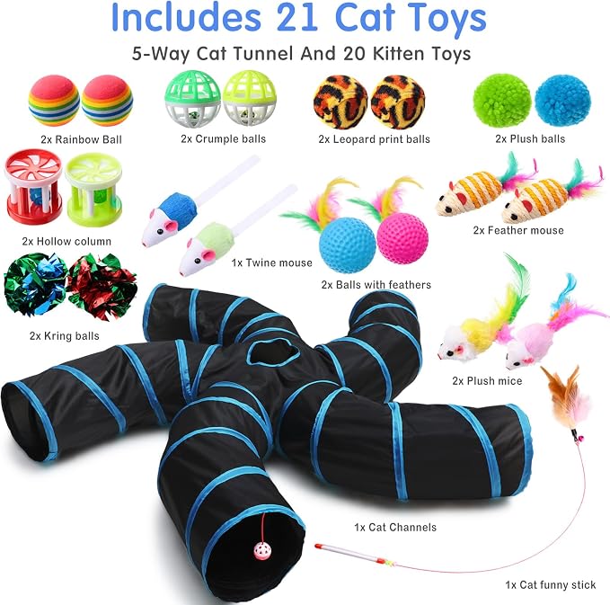 Poen 21 Pcs Cat Tunnel for Indoor Set Collapsible 5 Way Tubes with 20 Pcs Cat Kitten Toys Interactive Feather Toy Mouse Crinkle Balls Tube for Puppy Kitten Rabbit(Blue Black) - Image 2