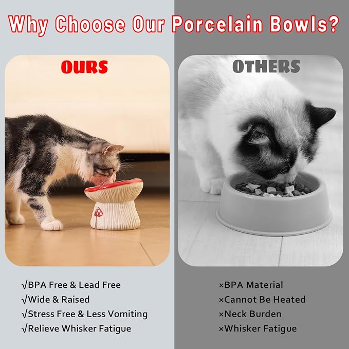 Ceramic Cat Slow Feeder, Cute Mushroom Shape Elevated Food Bowl, Shallow Raised Cat Dish, Anti Vomiting Whisker Fatigue Bowls - Image 6
