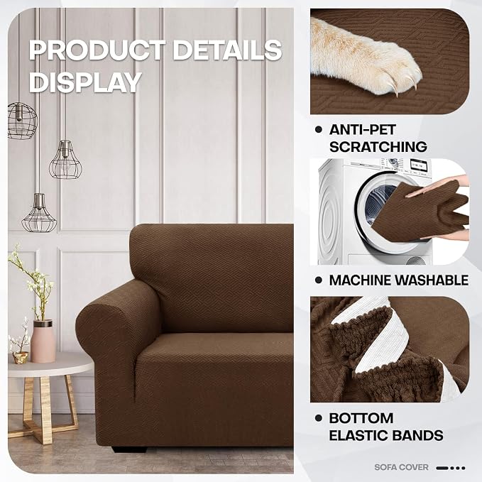 ZNSAYOTX 1 Piece Jacquard Couch Covers for 3 Cushion Couch High Stretch Sofa Cover for Pets Dogs Anti Slip Extra Large Sofa Slipcovers Furniture Protector (X-Large, New Pattern Coffee) - Image 3