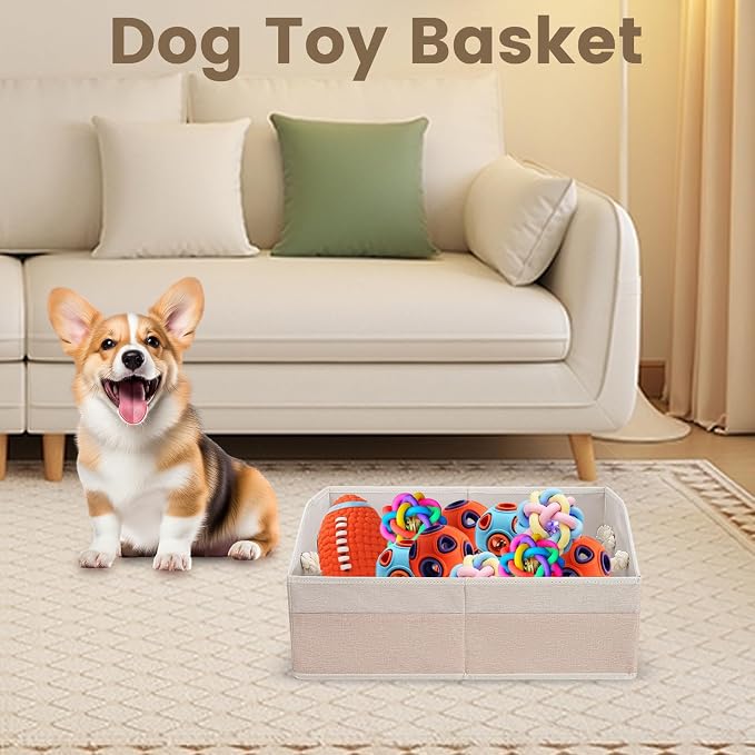 Large Dog Toy Basket with Handle, Foldable Dog Toy Box for Living Room Area , 20" Basket for Dog's Supplies, Organizer and Storage with Hard Board, Anti-Slip for Pet Toys (Beige, Medium 20"×15") - Image 6