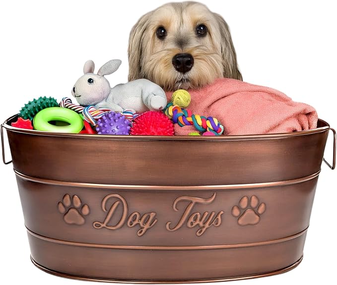 BREKX Copper Metal Dog Toy Storage Bin, Indestructible, Large | Toy, Blanket & Leash Organization • Carrying Handles - Image 7