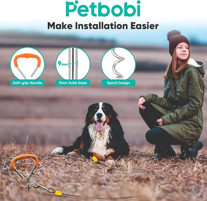 Petbobi Dog Tie Out Cable and Stake, 40ft Heavy Duty Dog Leads for Yard | 4in Shock Spring, 16in Spiral Ground Anchor, 360° No-Tangle Swivel, Chew-Proof Rustproof Wire, Up to 120 lbs, Outdoor Camping - Image 3