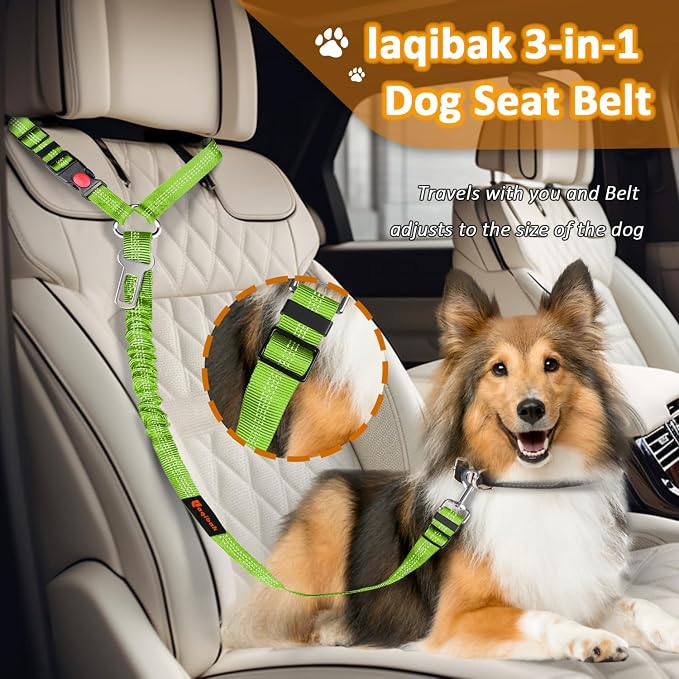 Laqibak Removable Dog Seat Belt Harness for Car, 3 in 1 Pet Seatbelt Leash | Retractable Headrest-Mounted,Restraint & Adjustable Reflective Bungee Dog Seatbelt Tether,Green and Black - Image 2