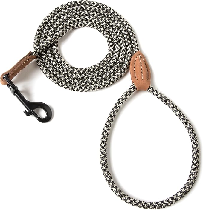 Mile High Life Dog Leash with Genuine Leather-Wrapped Ends, 4/5/6FT | Tangle-Free 360° Swivel Clasp Heavy Duty Rope Leash | Small Medium Large Dogs | Daily Walking (Black Khaki, 72 Inch, 1/3") by MileHighLife