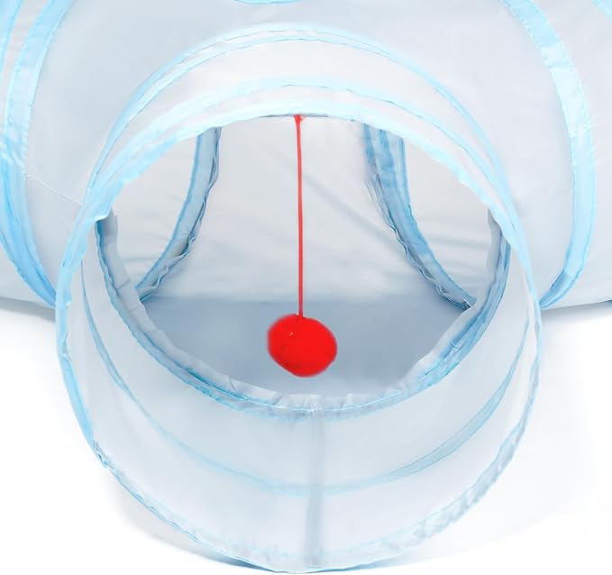 Tempcore Cat Tunnel for Indoor Cats, 3 Way Collapsible Pet Play Tunnel with Teaser Wand, Peek Holes & Hanging Ball, Interactive Tube for Kittens & Rabbits, Light Grey&Blue - Image 7