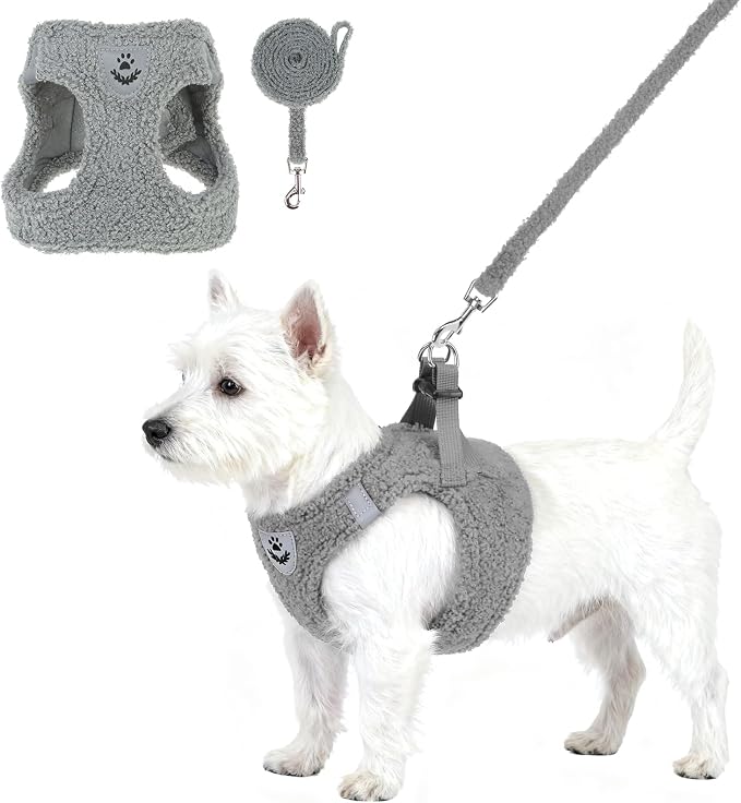 KOOLTAIL Plush Small Dog Harness and Leash Set, Warm Fleece No Pull Puppy Vest for Winter, Lightweight Reflective Step in Pet Harness for Medium Sized Dogs Boy Girl Outdoor Walking Cute Soft, Gray S by KOOLTAIL