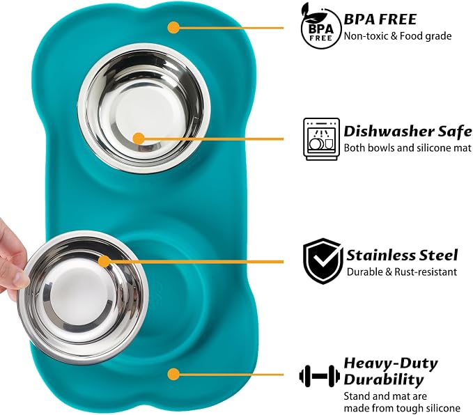 Hubulk Pet Dog Bowls 2 Stainless Steel Dog Bowl with No Spill Non-Skid Silicone Mat + Pet Food Scoop Water and Food Feeder Bowls for Feeding Small Medium Large Dogs Cats Puppies (Medium, Green) - Image 2