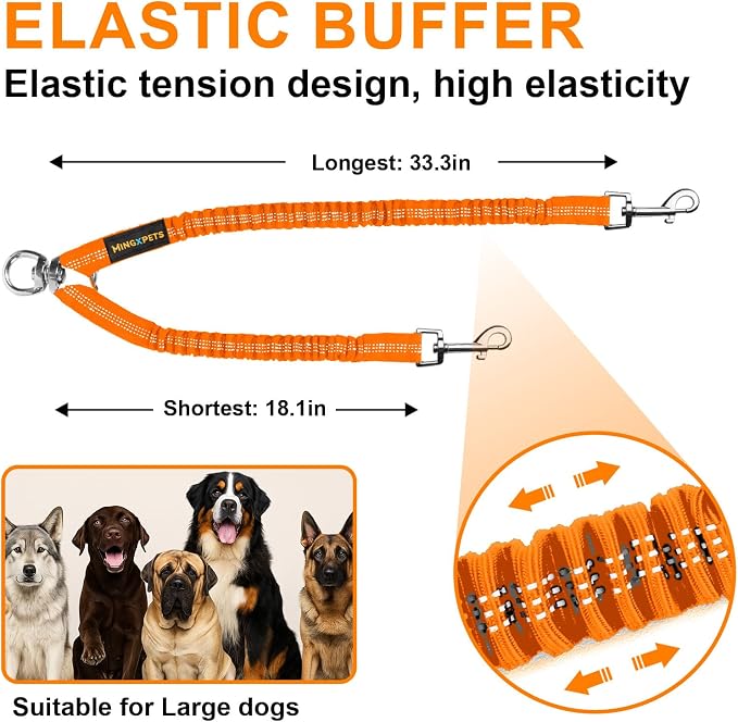 MingXpet 2 Dog Leash, Dog Leash for 2 Dogs, 360° Swivel No Tangle Double Walking Training Leashes for Large Dogs that Pull, Comfortable Shock Absorbing Reflective Bungee, Orange - Image 2