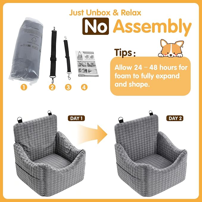 Topmart Dog Car Seat for Small Medium Dogs Under 35lbs, Cozy Pet Seat | Foam Safety Dog Booster Seat for Back Seat, Pet Bed for Car with Safety Tether, Storage Pockets, Machine Washable Cover, Grey - Image 9