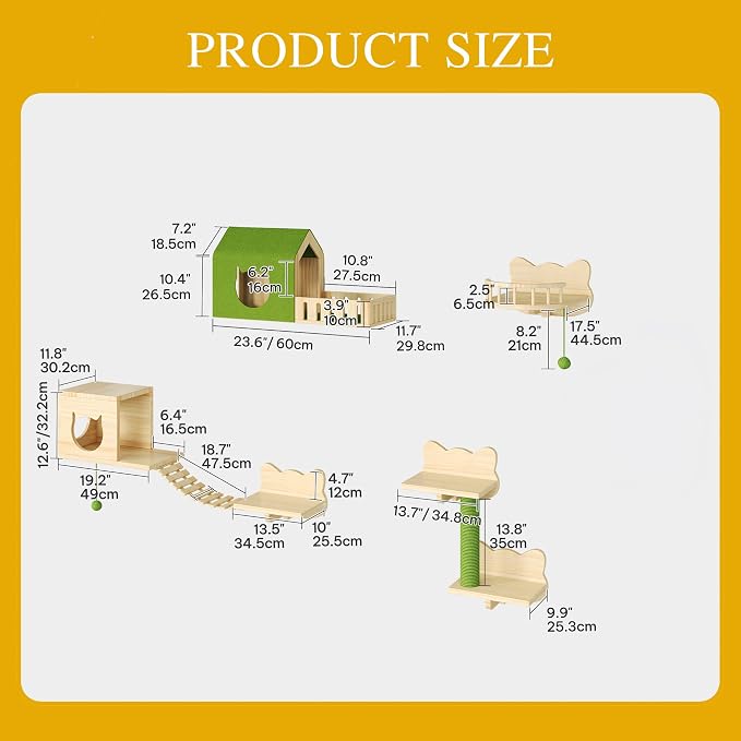 DWVO Cat Wall Shelves and Perches for Wall, Solid Wood Wall Mounted Cat Furniture, Set of 15 Cats Climbing Shelves for Large Cats with Green Wall House & Fence, Steps, Bridge Ladder, Scratching Posts - Image 2