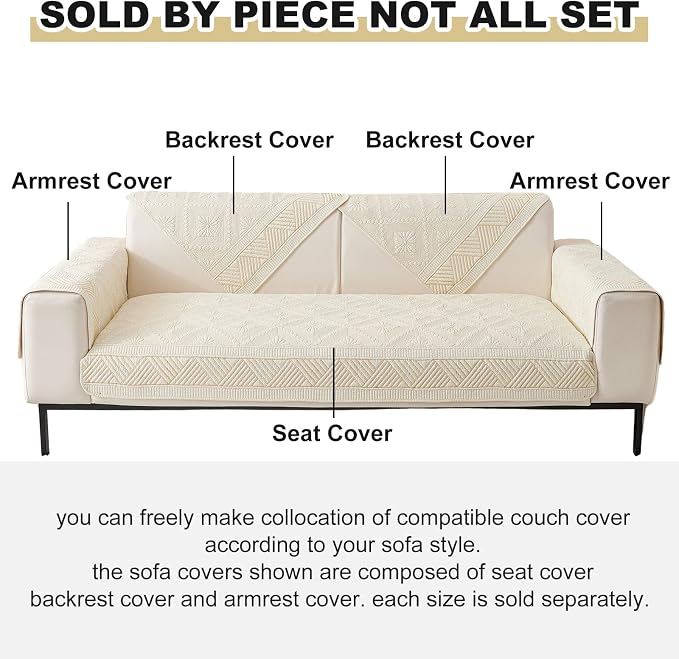 vctops Boho Cotton Quilted Sofa Couch Cover Washable Soft Non Slip Sectional Couch Covers Floral Embroidery Sofa Slipcover for Dogs, Children, Pets Furniture Protector (Cream,43"x70") - Image 2