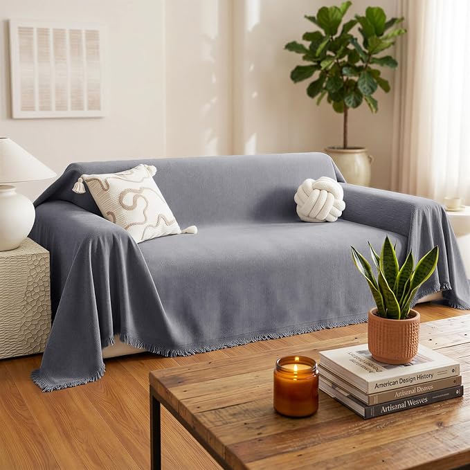 Chenille Couch Cover for Dogs Washable Boho Throw Blanket Washable | 71"×91",Gray, Soft Chenille, Tassel Design, Pet Friendly, Furniture Protector, for Couch, Sofa, Bed, Living Room - Image 2