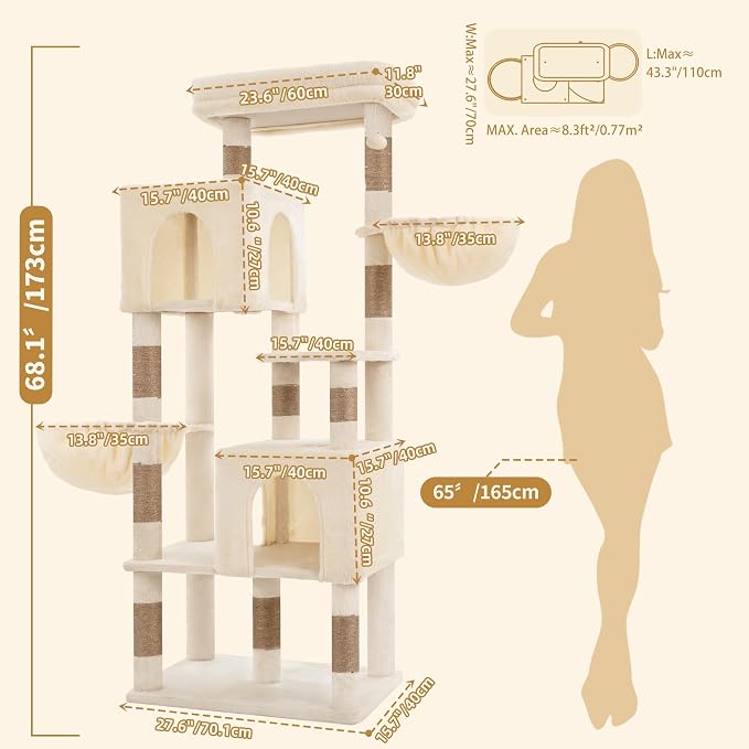 Heybly 68.1" Cat Tree with Oversized Top Platform & Wide Base HCT059MJ | Heavy Duty Cat Tower for Large Indoor Cats with 2 Condos, 2 Hammocks, 10 Sisal Scratching Posts, Stable Cat House, Beige - Image 5