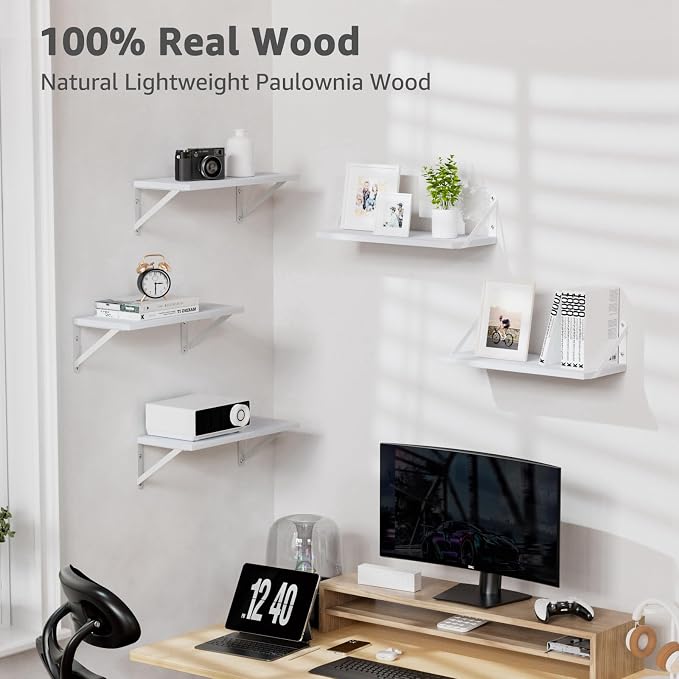 Wall Shelves 7.3" Deep Solid Paulownia Wood (White, Set of 4) | 15mm Thick, Wider & Longer & Stronger, Easy to Install, For Laundry Room Bathroom Bedroom, Office Storage Organizer - Image 5