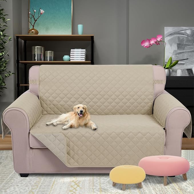 U-NICE HOME Loveseat Sofa Cover for 2 Cushion Couch, Sand/Beige | 54''Oversized Loveseat Cover Washable, Pet Friendly, Elastic Straps, Water Repellent, Furniture Protector for 2 Cushion - Image 2