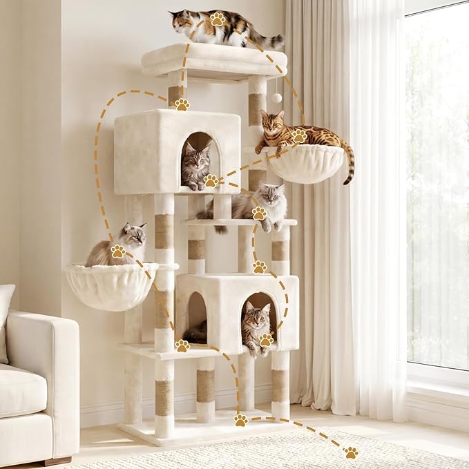 Heybly 68.1" Cat Tree with Oversized Top Platform & Wide Base HCT059MJ | Heavy Duty Cat Tower for Large Indoor Cats with 2 Condos, 2 Hammocks, 10 Sisal Scratching Posts, Stable Cat House, Beige - Image 2