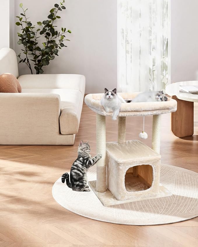 SYANDLVY 27" Cat Tree for Indoor Cats, Activity Tower with Scratching Posts | Modern Kitten Condo with Plush Perch & Hanging Ball for Play, Beige - Image 7