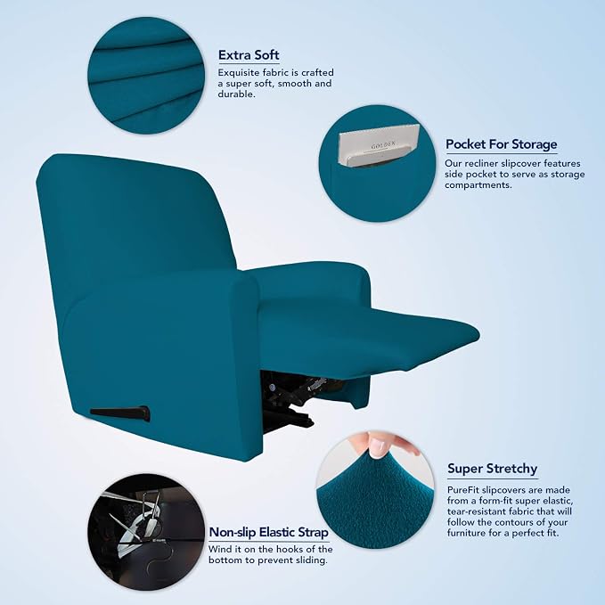 PureFit Stretc Recliner Chair Covers Fleece Soft Couch Covers for Sofa | Peacock Blue 4-Pieces Recliner Slipcover Pocket Couch Protector, Fleece Sofa Cover Washable with Non Slip Elastic Bottom - Image 3