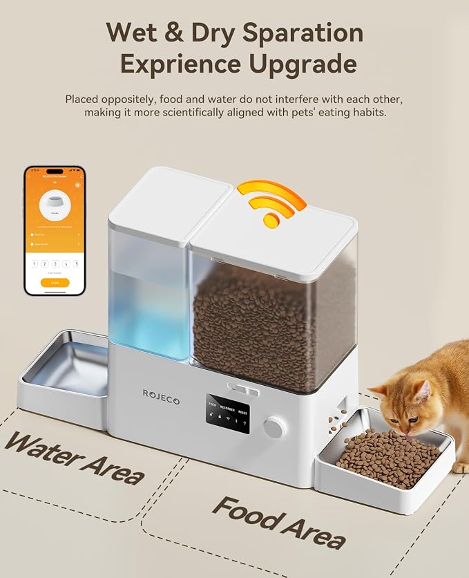 ROJECO 2-in-1 Automatic Cat Feeder & Water Dispenser,WiFi Control Feeding | 2.4G WiFi APP/Timed Feeding/5L Food Feeder,3.5L Water Fountain/Stainless Steel Bowls/Detachable Clean/White - Image 3