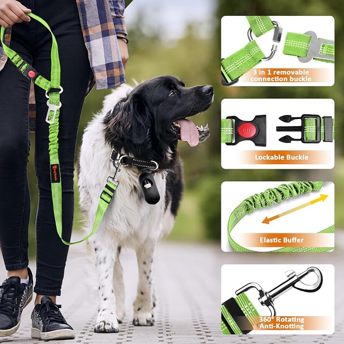 Laqibak Removable Dog Seat Belt Harness for Car, 3 in 1 Pet Seatbelt Leash | Retractable Headrest-Mounted,Restraint & Adjustable Reflective Bungee Dog Seatbelt Tether,Green and Black - Image 5