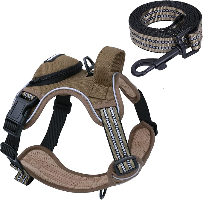 No Pull Dog Harness for Large Dogs, Adjustable No Choke Pet Vest with Dog Leash Fit Smart Reflective Pet Walking Harness for Training Easy Control Soft Handle Brown XL by BUMBIN