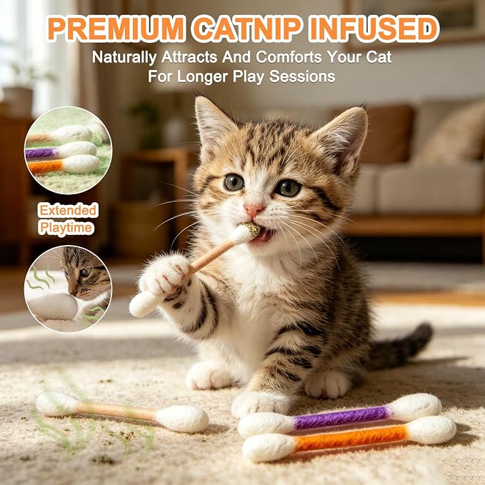 Cotton Swabs Cat Toys with Catnip,6Pack Giant Kitten Chew Sticks for Indoor Boredom,Durable Big Kitten Chew Dental Teething Ropes,Big Interactive Felt Kitty Kicker Play Lover Gift Accessories (Yellow) - Image 5