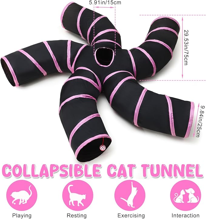 Poen 21 Pcs Cat Tunnel for Indoor Set Collapsible 5 Way Tubes with 20 Pcs Cat Kitten Toys Interactive Feather Toy Mouse Crinkle Balls Tube for Puppy Kitten Rabbit(Pink Black) - Image 4