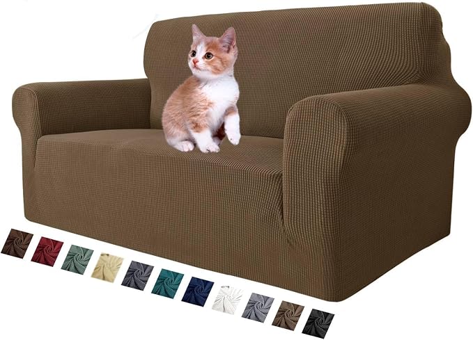 MAXIJIN Stretch Loveseat Sofa Slipcovers 1 piece Love Seat Couch Covers for 2 Cushion Couch Non Slip Sofa Cover Washable Dog Cat Proof Furniture Protector Pet Friendly (Loveseat, Brown) by MAXIJIN