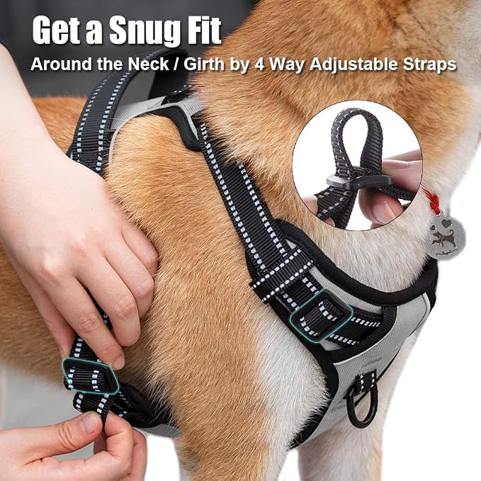 PoyPet No Pull Dog Harness Medium, Reflective Vest with Front Clip & Handle | Easy On/Off, No Choke, Adjustable, 2 Leash D-rings, Soft Padded, Breathable, Oxford, for Walking Training, M, Gray - Image 4