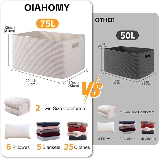 OIAHOMY 75L Large Blanket Basket, Woven Cotton Rope Baskets for Organizing, 22”x17”x12”, Blanket Basket living Room, Bedroom, Nursery, Dog Toy Storage Bins, White - Image 3