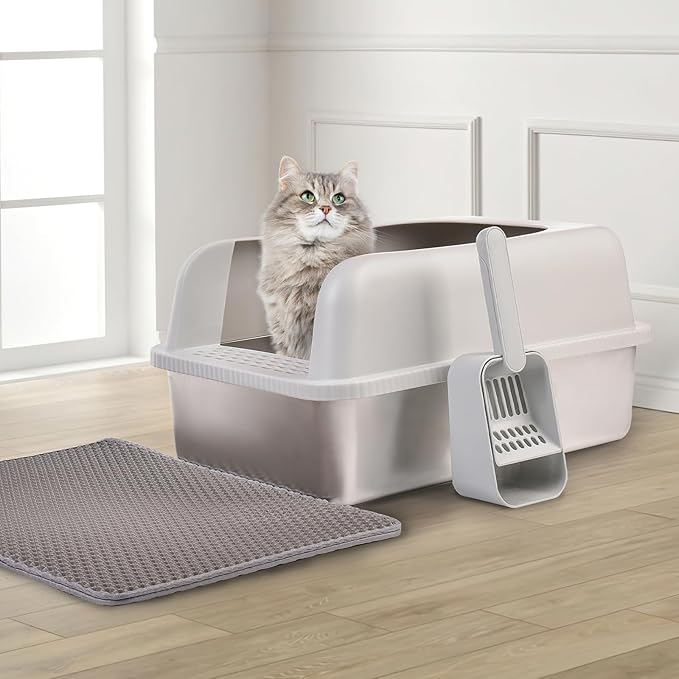 Henkelion 2 Pack Stainless Steel Cat Litter Box with Lid, 24" L x 16" W x 11.8" H, Extra Large Litter Box for Big Cats with High Sided, Anti-Urine Leakage, Easy Cleaning, Include Cat Mat and Scoop - Image 6