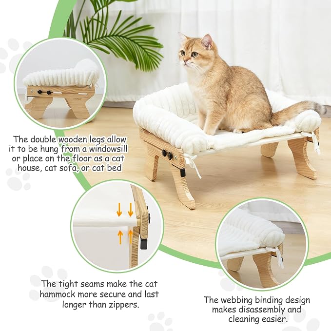 Large Wooden Velvet Cat Window Perch Bed, White | Sturdy Wooden Frame, Removable Machine Washable Cover, Window Sill Hanging, All Seasons Comfort - Image 6