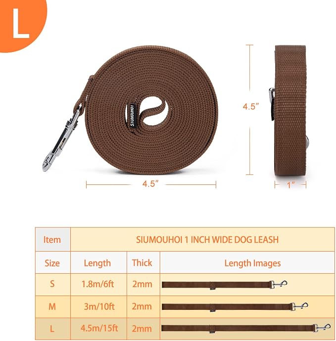 Strong Durable Nylon Dog Training Leash, 1 Inch Wide Traction Rope, 6 ft 10ft 15ft Long, for Small and Medium Dog (Brown, 15 Feet) - Image 2