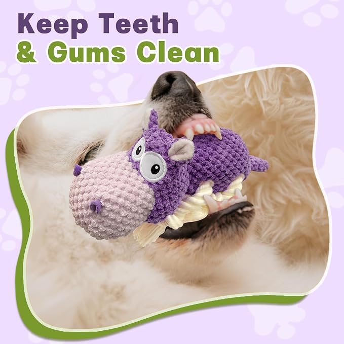 TOOPTATE Hippo Squeaky Dog Toy, Purple, Medium | Cute Plush Design, Rope Legs for Tugging, Helps Keep Dogs Busy, Suitable for Small, Medium, and Large Dogs - Image 4