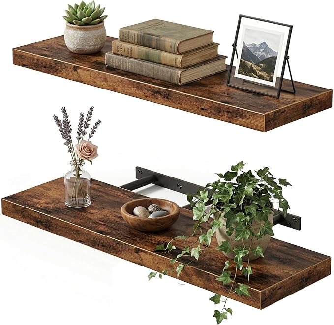 Fixwal Floating Wall Shelves for Decor (Rustic Brown, Set of 2, 22Inch) | MDF Shelf with Metal Brackets, Space Saving for Books , Decor, Fits Bathroom, Kitchen, Bedroom, or Office by Fixwal