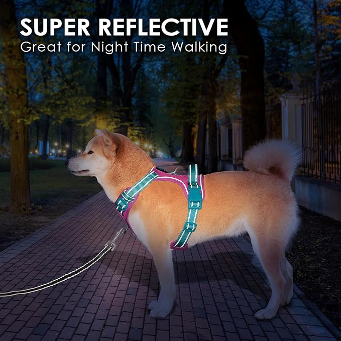 No Pull Dog Harness, Unique Colors Reflective Adjustable Dog Vest | with Soft Training Handle Metal Clips for Small Medium Large Dogs (Pink Base & Green Straps,L) - Image 6