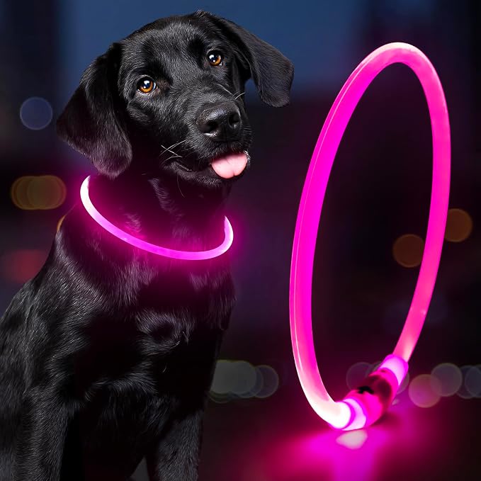 Light Up Dog Collar - Waterproof LED Pet Collar Rechargeable, TPU Cuttable Glow in the Dark Dog Lights for Night Walking (Pink) by Domagiker