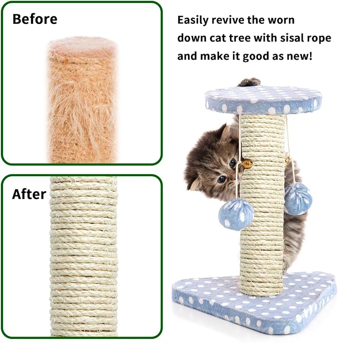 Natural Sisal Rope 1/4 Inch 6mm 98-Feet for Cat Scratching Post Tree Tower Replacement Repair and Replace, DIY Hemp Twine Rope for Cat Scratching Furniture Window Perch and Crafts Gardening - Image 2