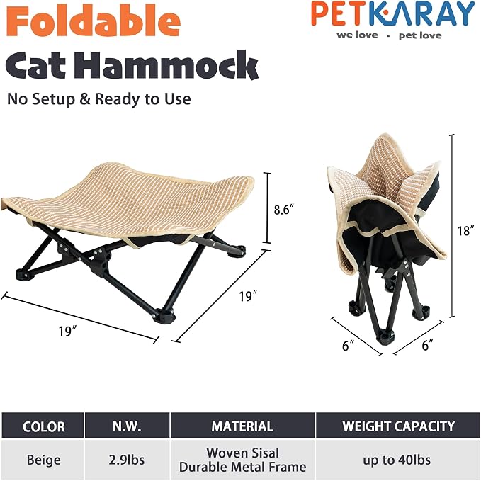 PETKARAY Foldable Cat Hammock Bed, Elevated Sisal Scratching Lounge with Metal Frame, Raised Cat Hammock Chair for Indoor Cats - Image 2