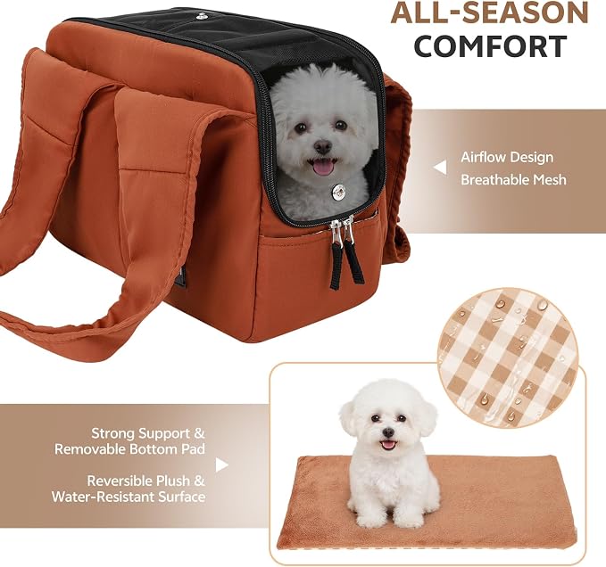 Dog Purse Carrier for Small Dogs and Cats, Soft-Sided Pet Tote Bag with 6 Large Pockets, Collapsible Travel Puppy Carrier, Fits Pets up to 16 lbs (Caramel, 17.5" L x 8" W x 12" H) - Image 3
