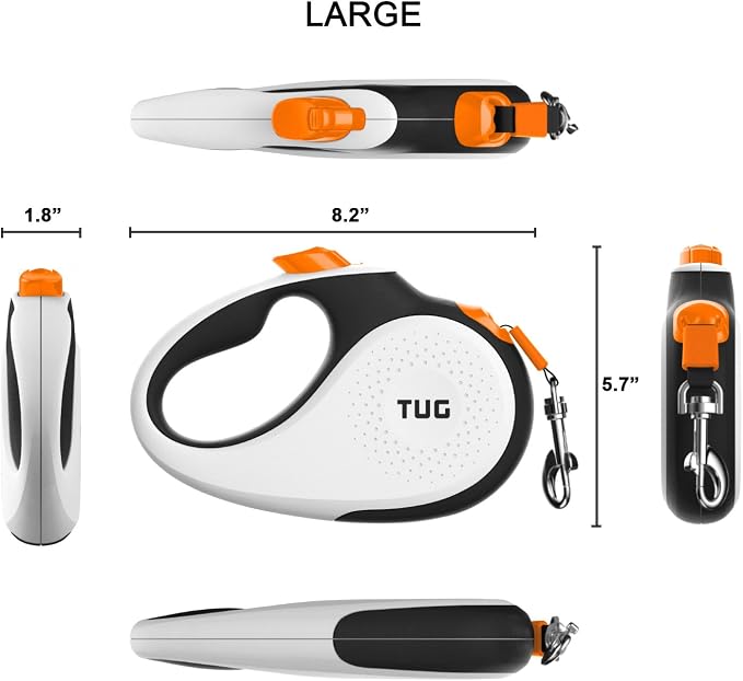 TUG Original Retractable Dog Leash, 16 ft (Large, White/Orange) | 360° Tangle-Free Retraction, 16 ft Tape, Quick Thumb Lock, Anti-Slip Handle, For Dogs Under 110 lbs - Image 2