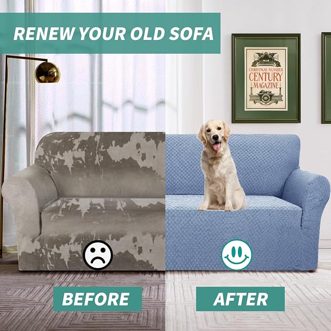 YEMYHOM Couch Cover Latest Jacquard Design High Stretch Sofa Covers for 2 Cushion Couch, Pet Dog Cat Proof Loveseat Slipcover Non Slip Magic Elastic Furniture Protector (Medium, Light Blue) - Image 4