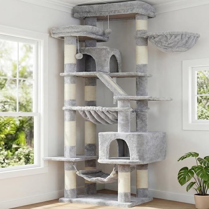 Heybly Cat Tree, 71-Inch-Tall Tower for Indoor Cats with 2 Perches HCT034W | Large Cat Furniture with 2 Big Condos, 2 Hammocks, Basket, Scratching Pad, Multi-Level Cat Condo, Light Gray by HEYBLY