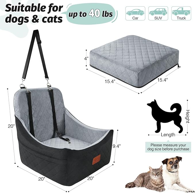 Lealchum Dog car seat for Medium Dogs,Easy to Install with Adjustable Straps,Anti Slip Bottom pet car Bed,Fully Detachable and Washable pet Travel Bed (Black/Grey, Medium) - Image 3