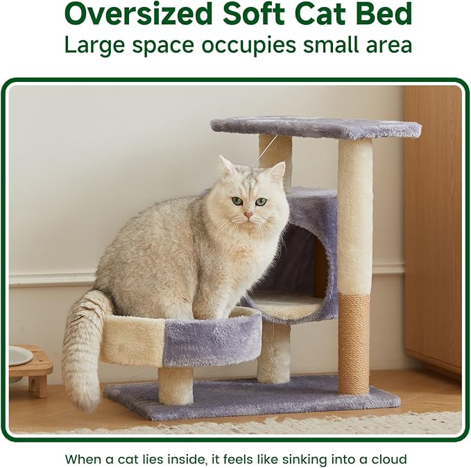 Cat Tree with Condo, Perch, and Scratching Posts, Gray and Beige, Multi-Level Tower with Hanging Toy - Image 5
