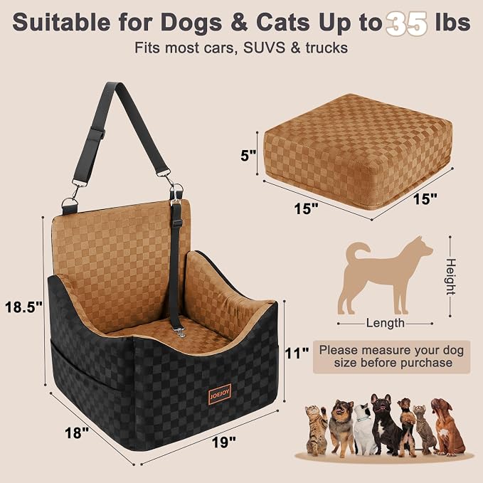 JOEJOY Elevated Dog Car Seat for Small/Medium Dogs up to 35 lbs, Memory Foam Booster Seat with Detachable Washable Cover, Travel-Safe Car Bed with Safety Belts & Storage Pockets, Brown - Image 7