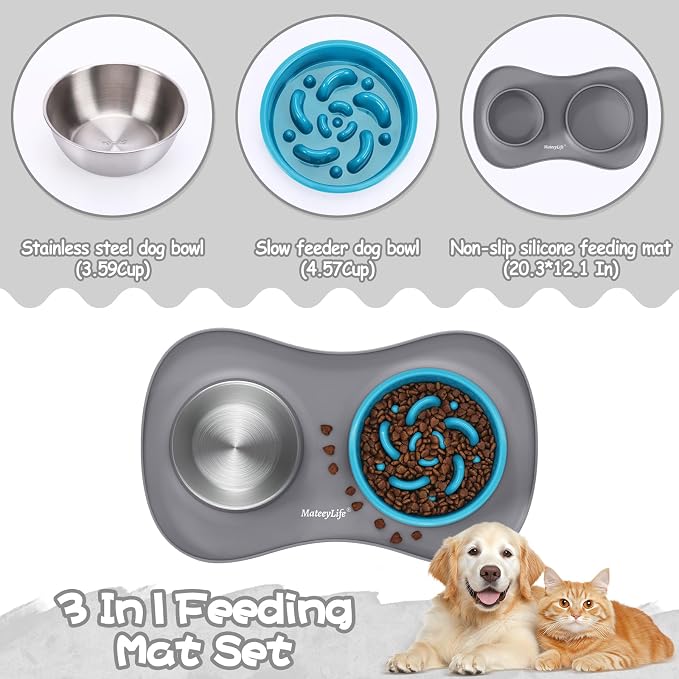 MateeyLife Dog Food and Water Bowl Set 3 in 1, Slow Feeder Dog Bowls & Stainless Steel Water Bowl with Non-Spill Silicone Mat, Cat and Puppy Bowls Pet Dishes for Small Medium Large Breed Anti-Choking - Image 7