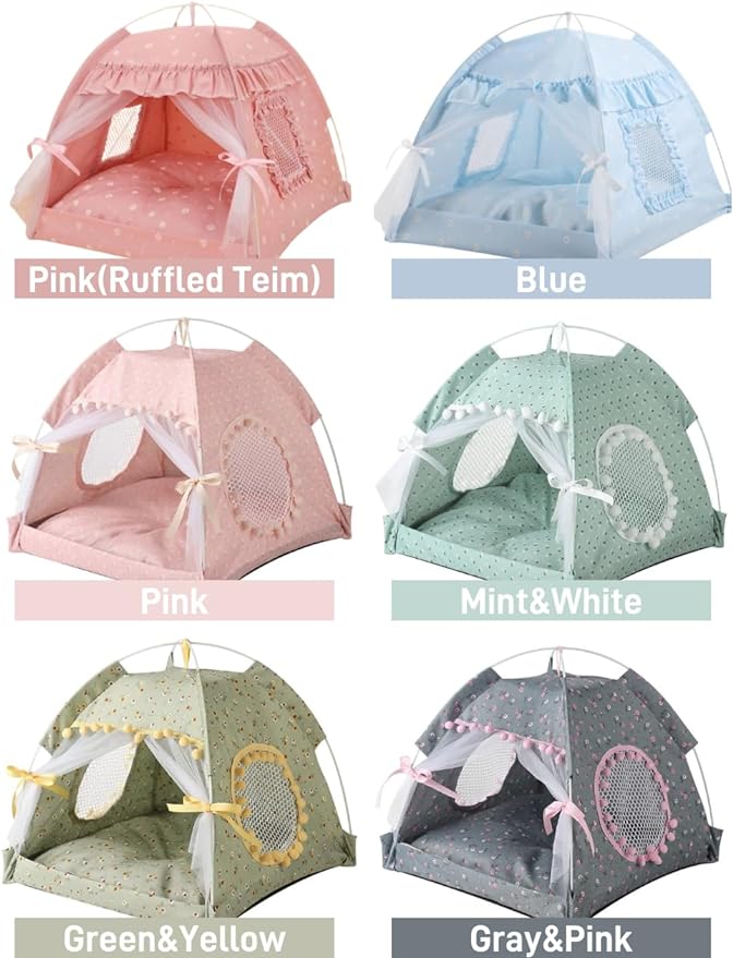 Selena Cat Bed Tents Dog House Indoor Outdoor Lace Mesh Breathable Windows Door Curtains Removable Portable Nest Teepe House (Large,Pink(Ruffled Teim)) - Image 5
