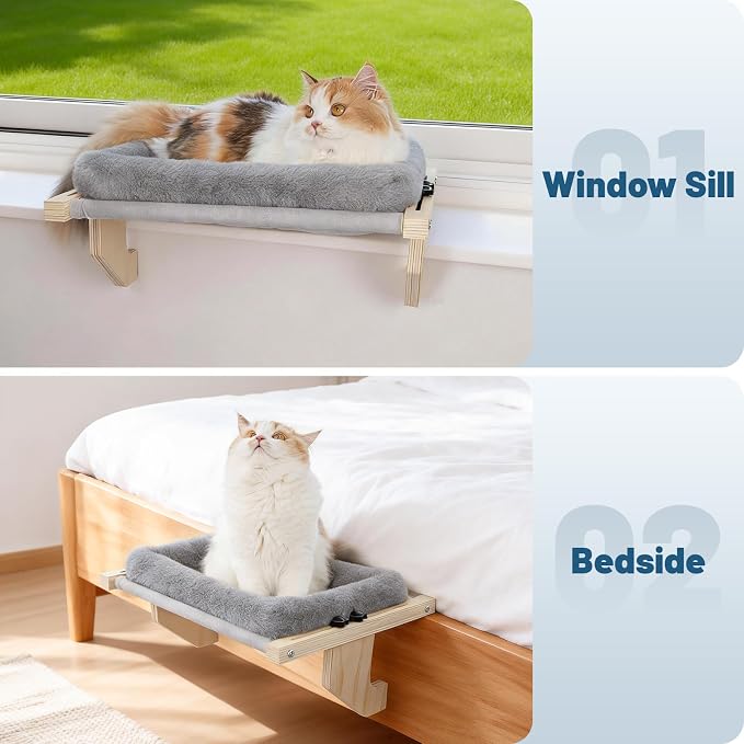 Cat Sill Window Perch - 100% Natural Pine Frame, Soft Plush Fleece, Tool-Free Adjustment, Supports 40 lbs (Medium-Grey) - Image 8