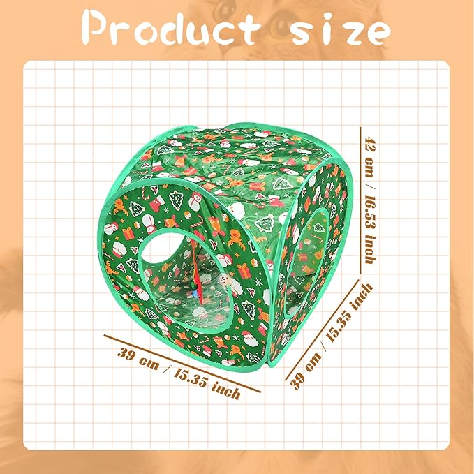 Andiker Cat Tent, 3 Holes Safe and Strong Cute Cats Tunnel Collapsible Easy to Carry Cat House for Indoor Cats Kittens Hiding Playing Training Sleeping (Square Green) - Image 2